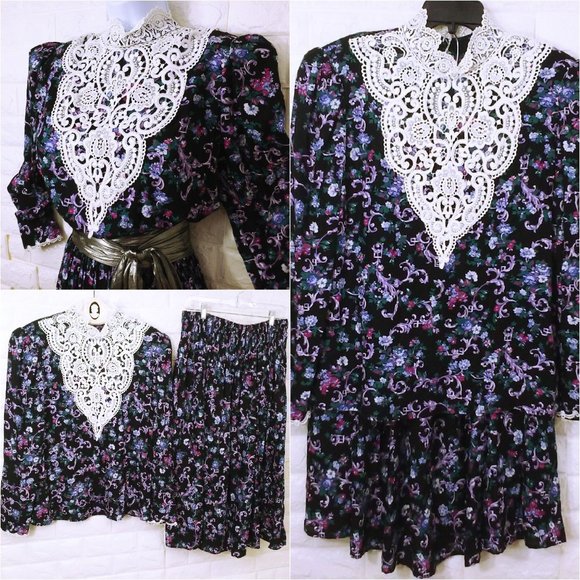Vintage '87 Scott McClintock 2-pc Set Victorian Lace Blouse Skirt Dark Floral - Picture 2 of 12